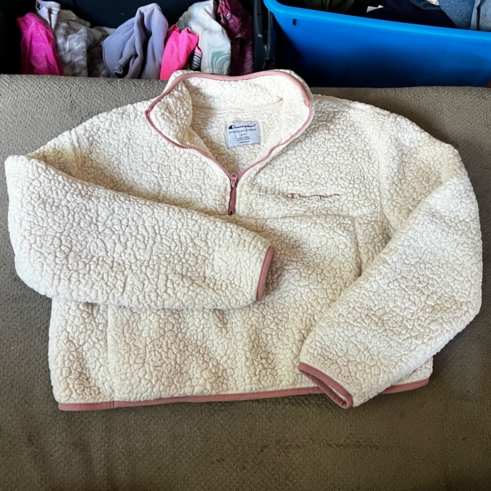 Champion Cropped Cream Sherpa with Pink Details